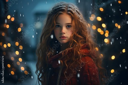 Christmas portrait of a girl in the snow at night © sam