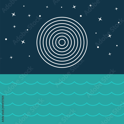 Moon over the ocean scene. Night at the seaside landscape. Bauhaus art style. Mid century decoration. Minimal wall art. 60s, 70s abstract geometric shapes. Stars and moonlight. Vector illustration. 