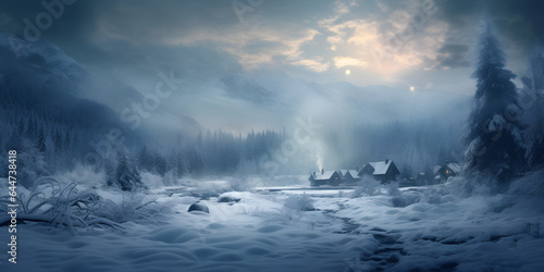 misty winter morning in the mountain forest village landscape panorama