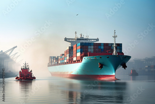 Global business logistics import-export cargo. Cargo ship with sea containers on board in the port. Transportation of goods across the ocean. Sea container ship is escorted by tugs to the port.