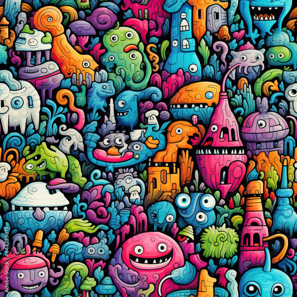 Obraz premium Cute funny colorful trippy doodles repeat pattern