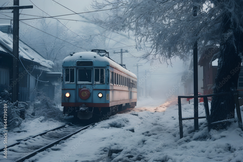 cinematic winter landscape of tram in the snow