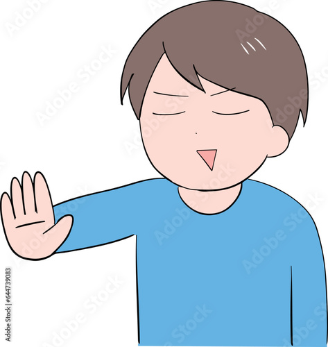 ドヤ顔で片手を前に出す私服の若い男性(上半身)	