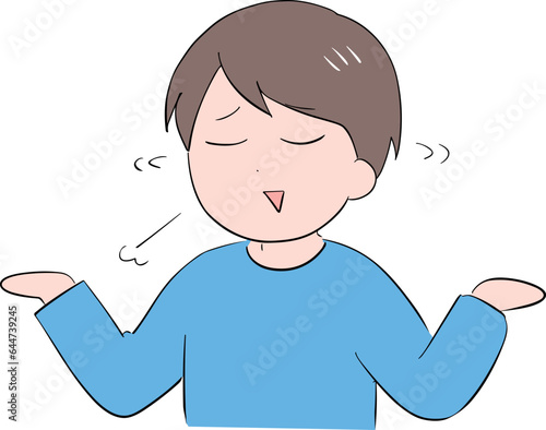 やれやれと笑いながら両手をあげる私服の若い男性(上半身)