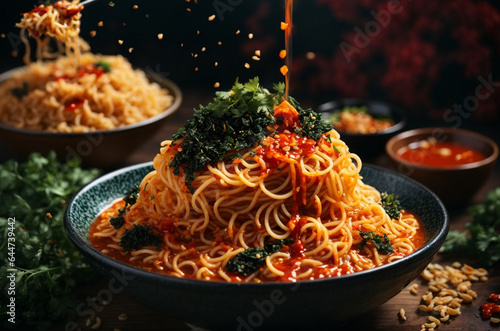 Beautiful Thai food noodle painting. Dark tone.