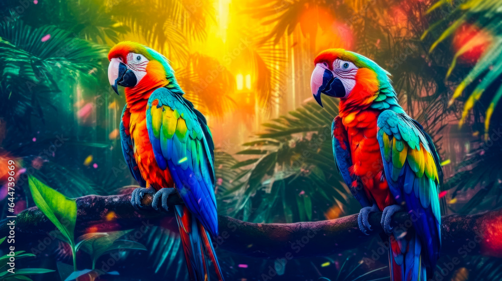 Obraz premium Two brightly colored parrots sit on a branch in a tropical jungle setting.