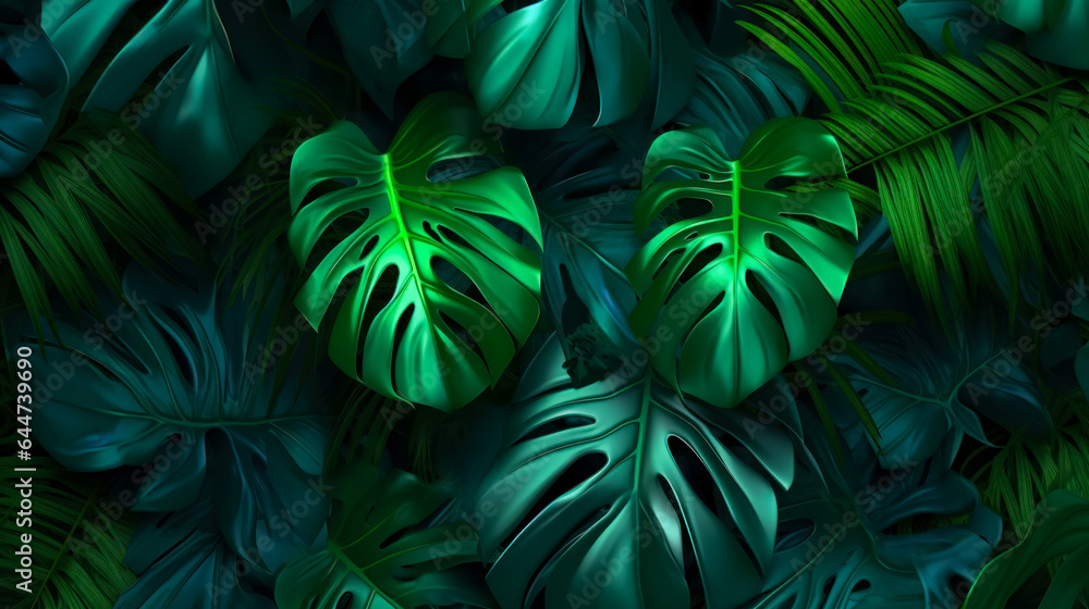 Wallpaper of palm leaves and monstera in the jungle, idea for interior, top view. Wallpaper of palm leaves and monstera in the jungle, idea for interior, top view.