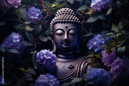 Buddha statue with purple flowers in the background..Generative Ai © Rudsaphon