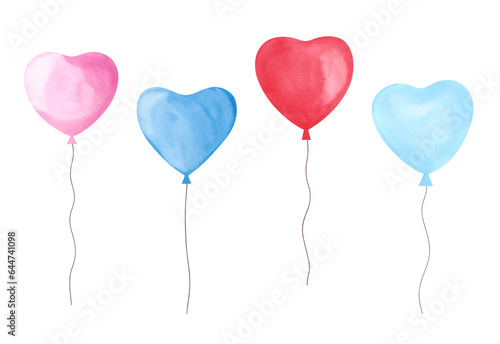 A set of watercolor balloon balloons in the shape of a heart isolated on a white background painted by hand. Elements for a holiday  valentines  greetings  decoration and design.