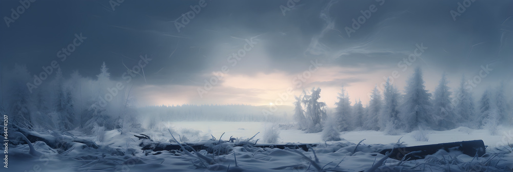 sunset in the winter forest panorama , christmas landscape cinematic, photography
