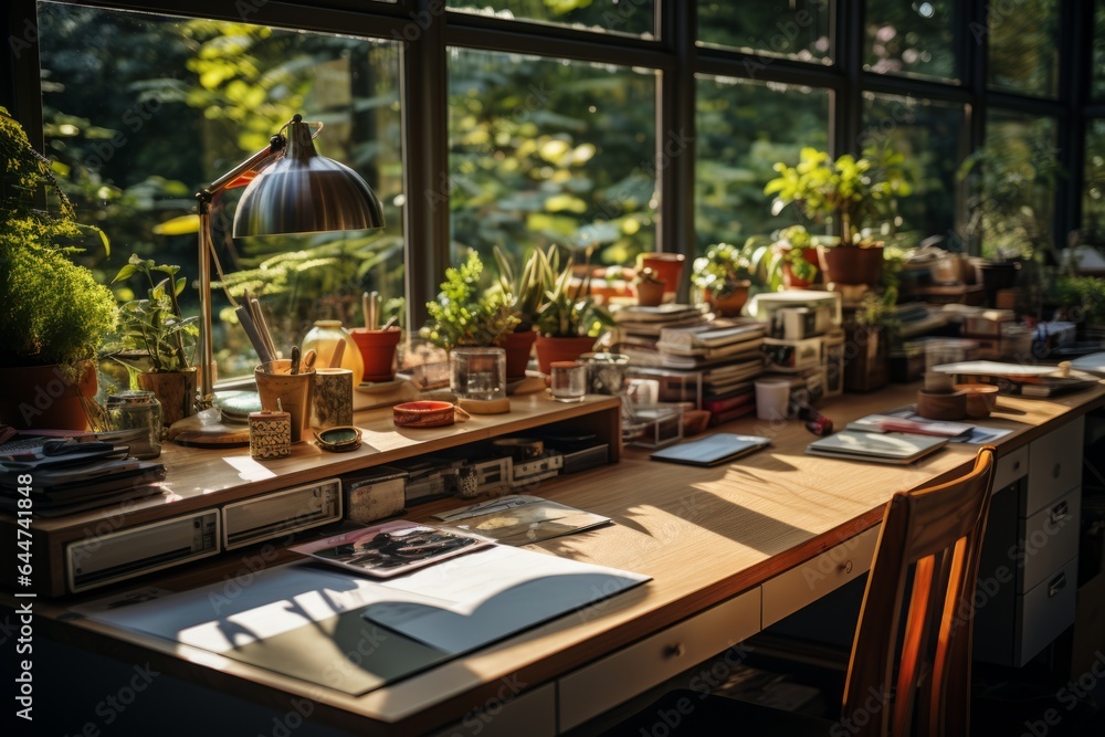 Office Desk Bathed In Warm Natural Light, Generative AI Office Desk Bathed In Warm Natural Light, Generative AI
