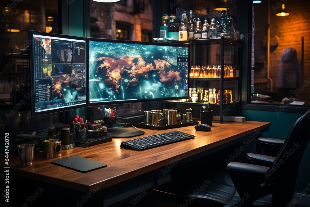 Office Desk With Multiple Monitors, Generative AI Office Desk With Multiple Monitors, Generative AI