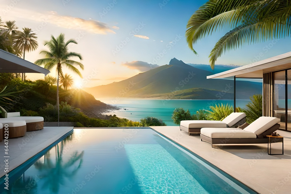 Fototapeta premium pool in the tropical resort Generated Ai