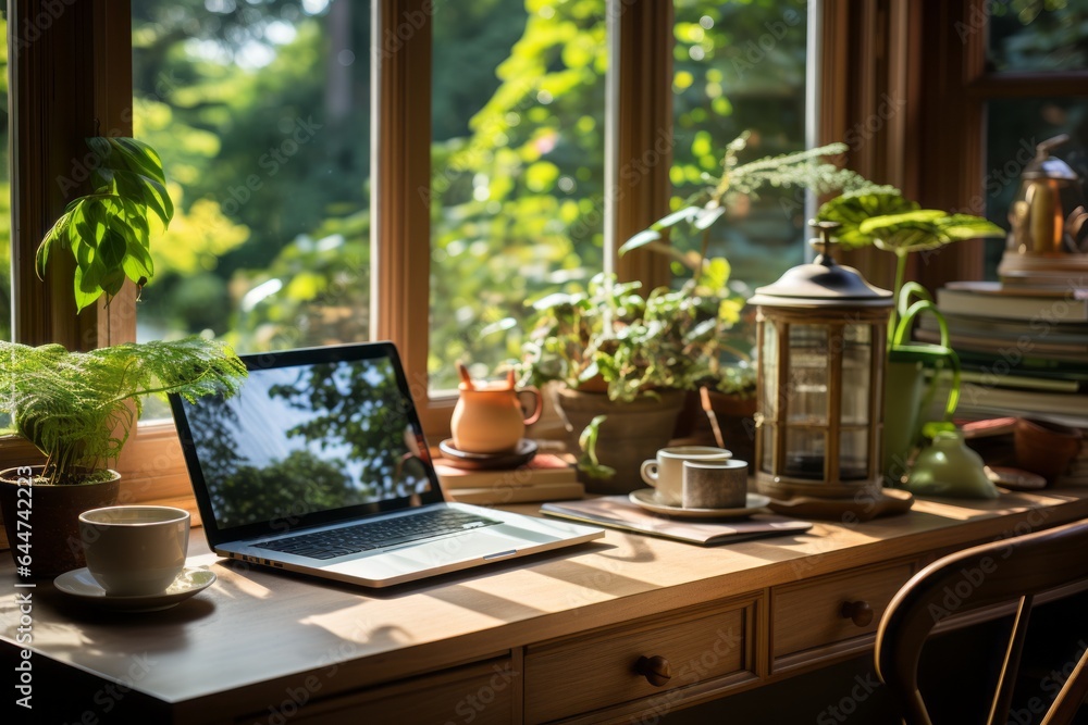 Remote Workers Office Desk By A Window, Generative AI Remote Workers Office Desk By A Window, Generative AI