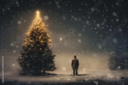 christmas tree in the snow at night with silhouette of man