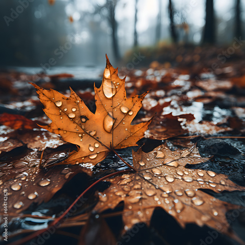 A leaf covered with drops of autumn rain on the forest ground; Autumn leaves; 
Resolution 4096x4096 photo