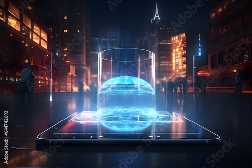 hologram from smartphone,futuristic technology,digital background,blue neon.