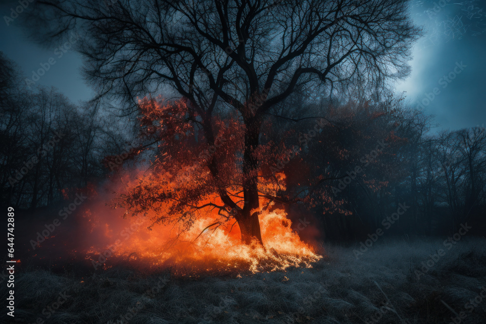 A burning tree in a vibrant sky, a dramatic illustration of the intense beauty and danger of nature. AI Generative