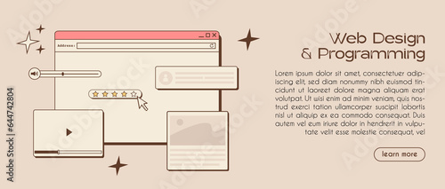 UI UX design web banner template. Web design concept banner in retro style. Studio prototyping or coding web page or mobile app. Online application design, coding, programming. Vector illustration.
