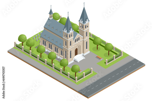 Isometric Catholic church building isolated on a white background.