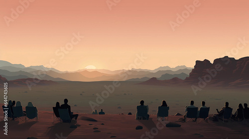 A Silhouette of People Sitting on Lawn Chairs in a Canyon Watching a Sunset