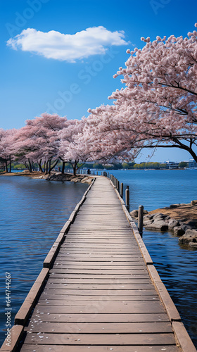 A sky blue bridge spans the lake and connects the both side.