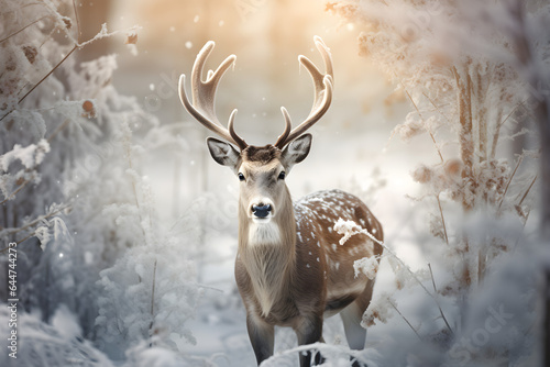 Photographie Christmas portrait of deer in the snow
