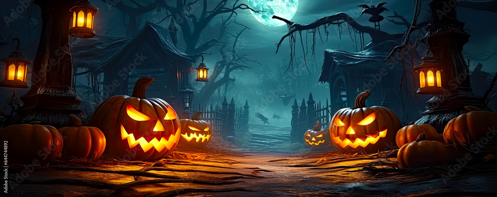 Spooky Halloween night with lights and pumpkins as wide background. Postproducted generative AI illustration. Spooky Halloween night with lights and pumpkins as wide background. Postproducted generative AI illustration.