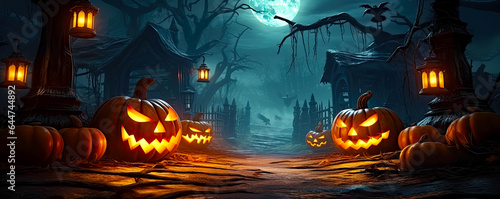 Spooky Halloween night with lights and pumpkins as wide background. Postproducted generative AI illustration.