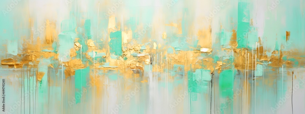 Abstract rough green white gold art painting texture background illustration, with oil brushstroke and pallet knife paint on canvas - obrazy, fototapety, plakaty 