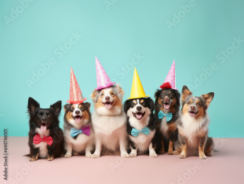 Cute funny dogs in festive party hats isolated on blue background. Greetings card pattern © zamuruev