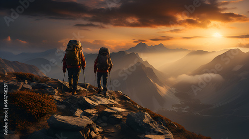 climbers walking to the top of a mountain at sunset