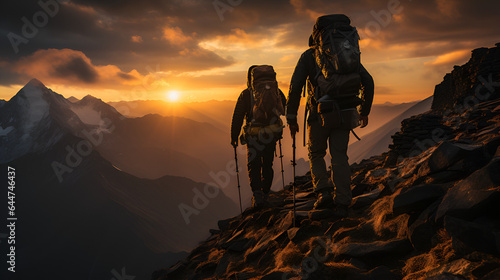 climbers walking to the top of a mountain at sunset