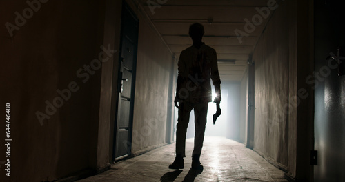 Silhouette Maniac carrying a murderous weapon escaping from crime scene. Bloodthirsty criminal carrying an axe in hallway of old house