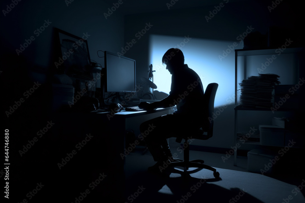 it specialist silhouette. computer code. Faceless male it specialist in front of animated computer code. it specialist front of his computer running work. Generative AI it specialist silhouette. computer code. Faceless male it specialist in front of animated computer code. it specialist front of his computer running work. Generative AI