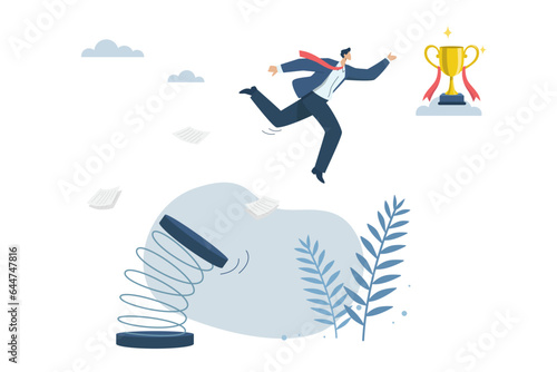 Efficient work, Energetic businessman reaching the ultimate goal, growing in business, Businessman jumping from springboard to success goal. Vector design illustration.