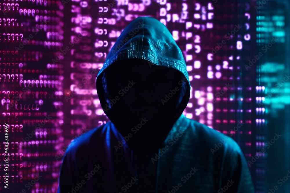  hacker silhouette. computer code. Faceless male hacker in front of animated computer code. hacker front of his computer committing digital cybercrime. Generative AI