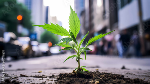 Cannabis plant growing out of a street-Generative AI