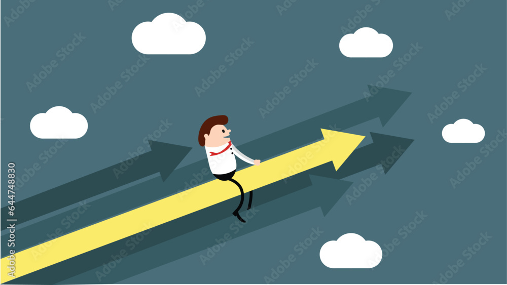 Happy Businessman Flying into the Sky on Success Graph Arrows. Business success and determination concept Happy Businessman Flying into the Sky on Success Graph Arrows. Business success and determination concept