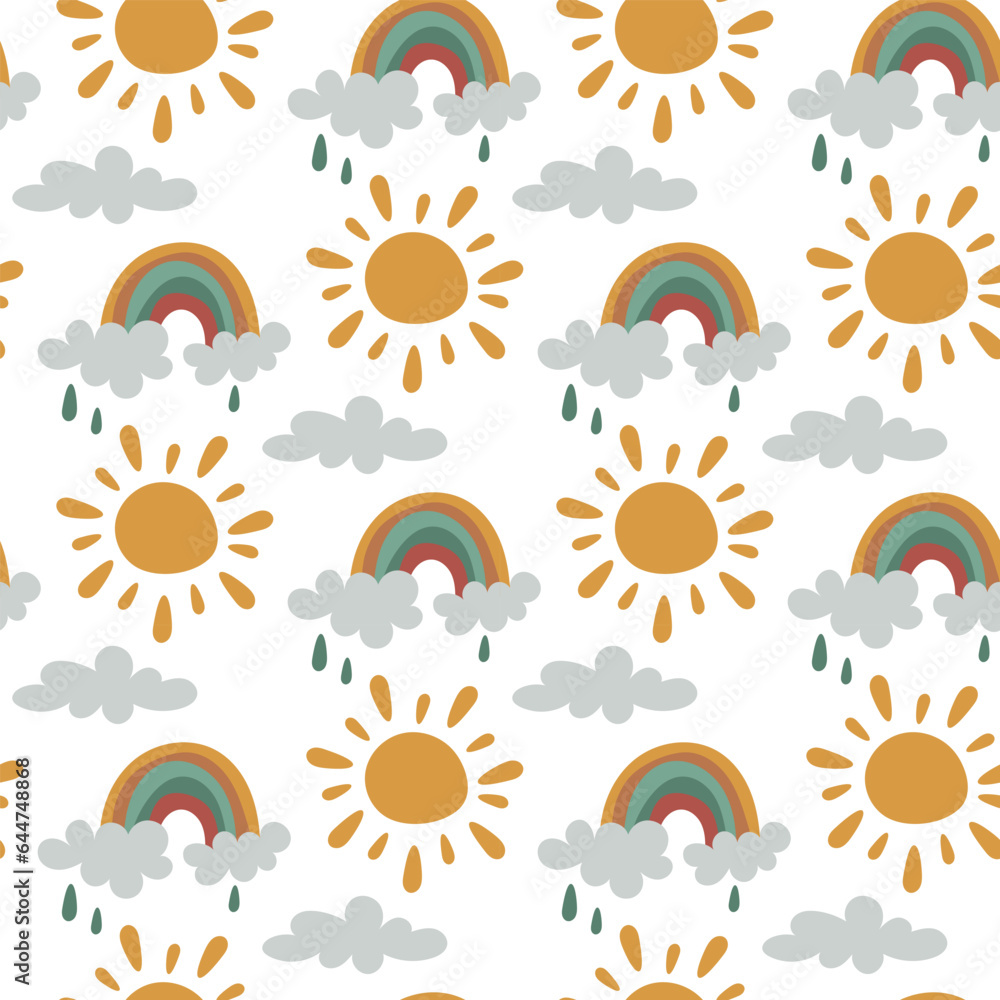 A pattern of clouds, sun, rainbow, rain on a white background. Rainbow seamless pattern, cartoon vector illustration. Children's texture for printing on fabric and paper. Gift packaging