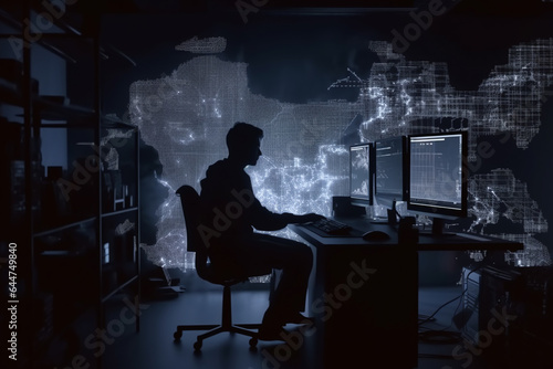  hacker silhouette. computer code. Faceless male hacker in front of animated computer code. hacker front of his computer committing digital cybercrime. Generative AI