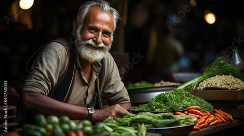 Smiling old indian selling fresh vegetable on cart
