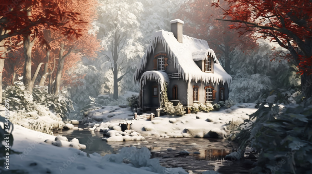 One-storey cottage in winter