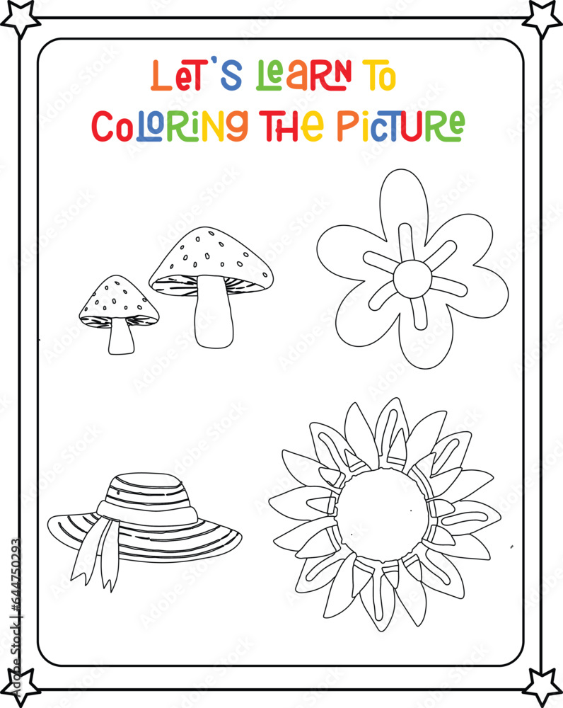 vector graphic illustration of set mushroom, hat, sunflower, flower drawing for children's coloring book