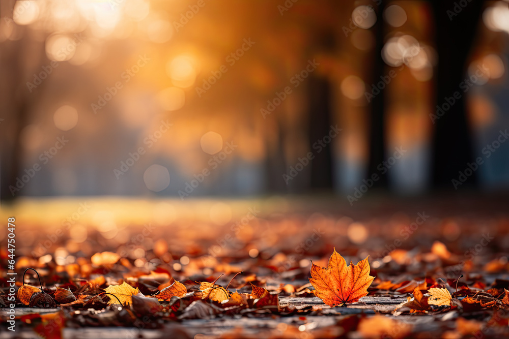 Fallen maple leaves on the ground with a blurry park in the background and sun breaking through trees at autumn Fallen maple leaves on the ground with a blurry park in the background and sun breaking through trees at autumn