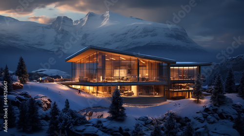 Beautiful winter house and christmas tree on the mountain