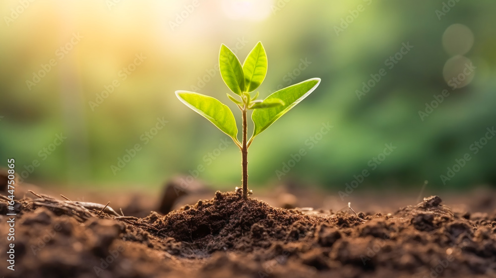Fototapeta premium young plant growing on soil. Fresh Green Plant. AI Generated