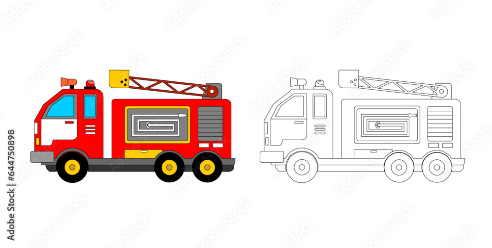 Coloring page, firefighter truck with colored and plain model