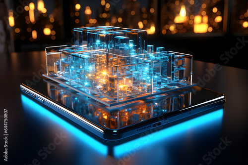 3d matrix silver cube block,on screen of smartphone,intricate detail,blue neon.