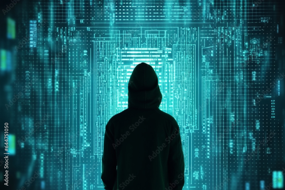 hacker silhouette. computer code. Faceless male hacker in front of animated computer code. hacker front of his computer committing digital cybercrime. Generative AI hacker silhouette. computer code. Faceless male hacker in front of animated computer code. hacker front of his computer committing digital cybercrime. Generative AI